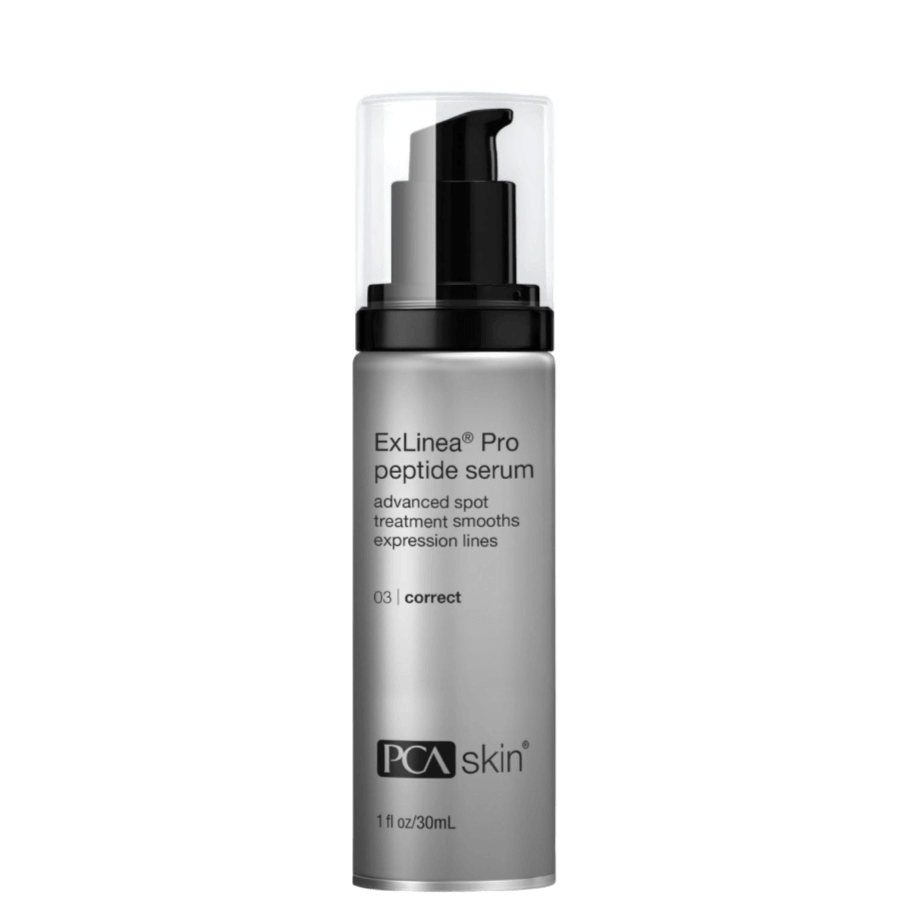 PCA Skin ExLinea Pro Peptide Serum bottle with pump, advanced treatment for expression lines.
