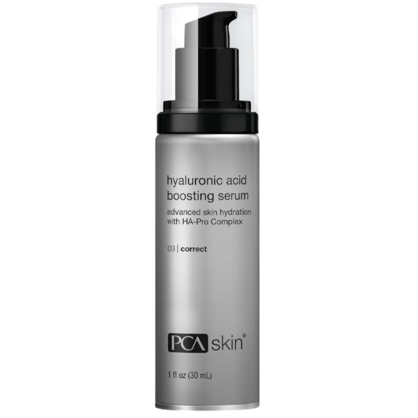 PCA Skin Hyaluronic Acid Boosting Serum in a pump bottle for advanced hydration and skin correction.
