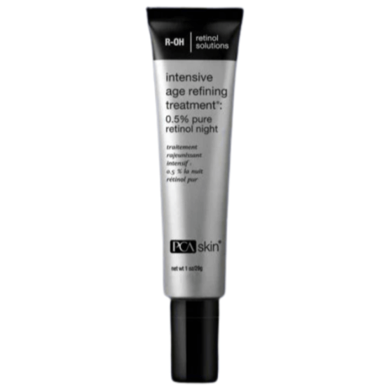 PCA Skin Intensive Age Refining Treatment 0.5% pure retinol night cream in sleek silver tube.