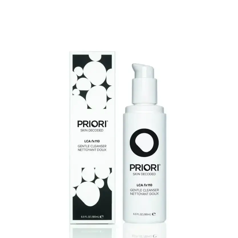 PRIORI® LCA fx110 Gentle Cleanser in a 6.0 fl oz bottle with elegant packaging design.