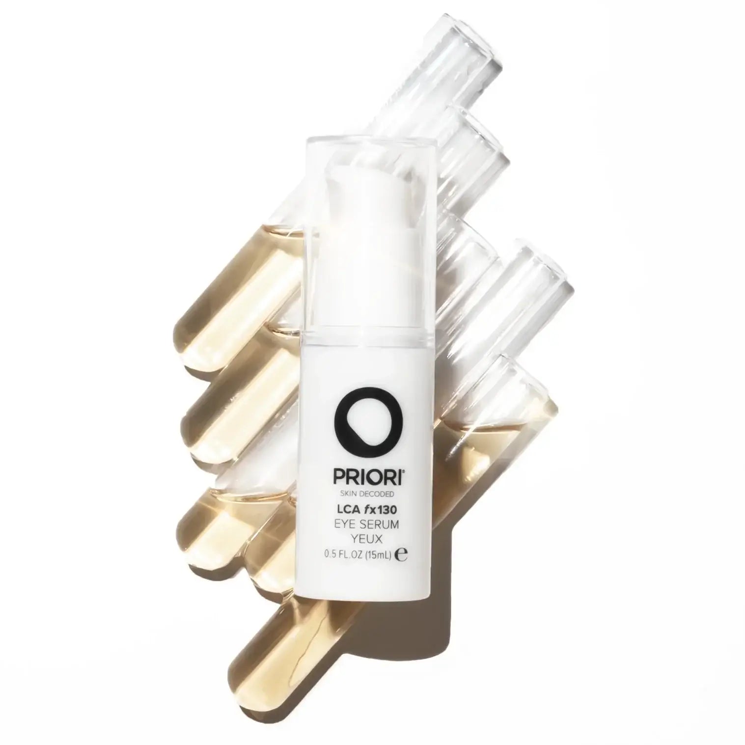 PRIORI LCA Eye Serum packaging with serum vials, showcasing its benefits for puffiness and fine lines.