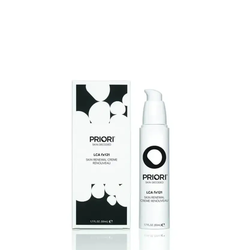 PRIORI® Skincare  LCA fx121 - Skin Renewal Cream in a sleek bottle with a black and white box.