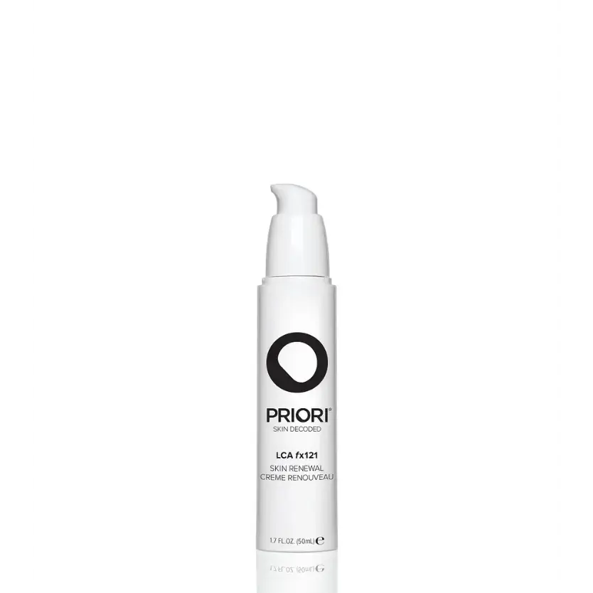 PRIORI® Skincare  LCA fx121 - Skin Renewal Cream in a sleek white pump bottle for skin transformation.