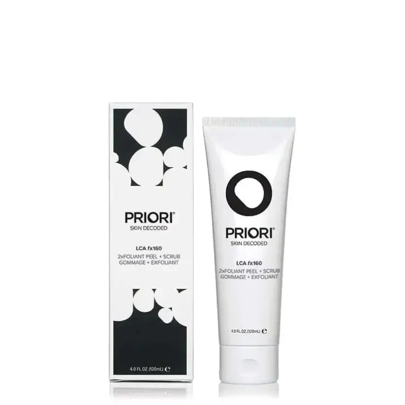 PRIORI® Skincare LCA fx160 - 2xFoliant Peel + Scrub packaging and tube for dual-action exfoliation.