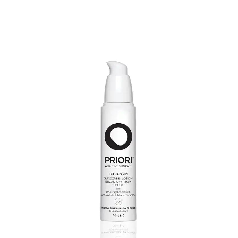 PRIORI® Tetra fx251 - Broad Spectrum SPF 50 sunscreen bottle with pump design.