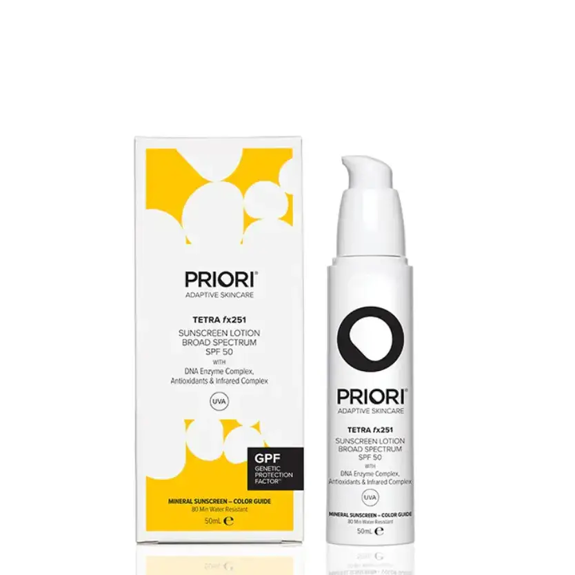 PRIORI® Tetra fx251 - Broad Spectrum SPF 50 sunscreen lotion in packaging and bottle