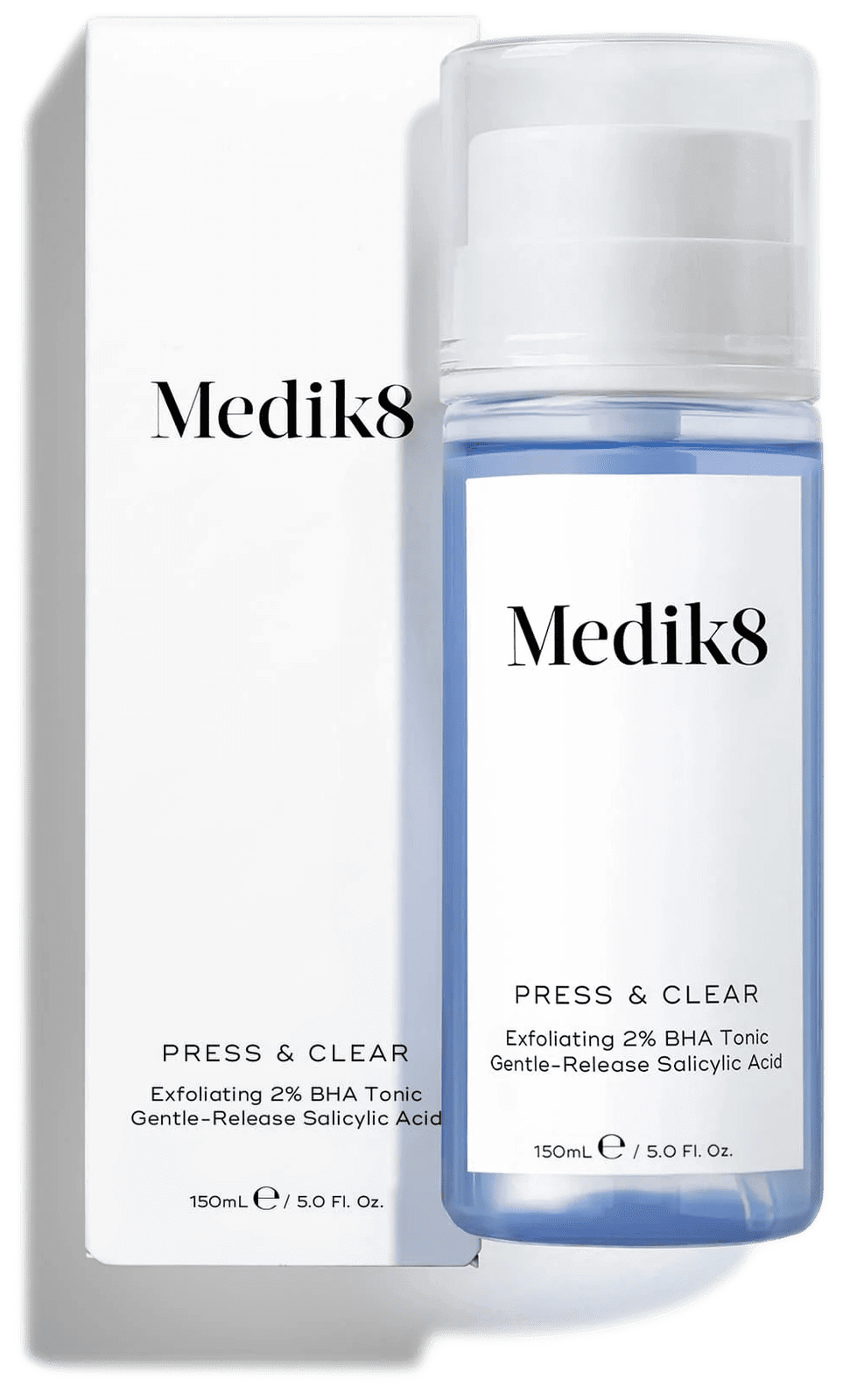Medik8 Press & Clear 150ml bottle with exfoliating 2% BHA tonic and gentle-release salicylic acid packaging.
