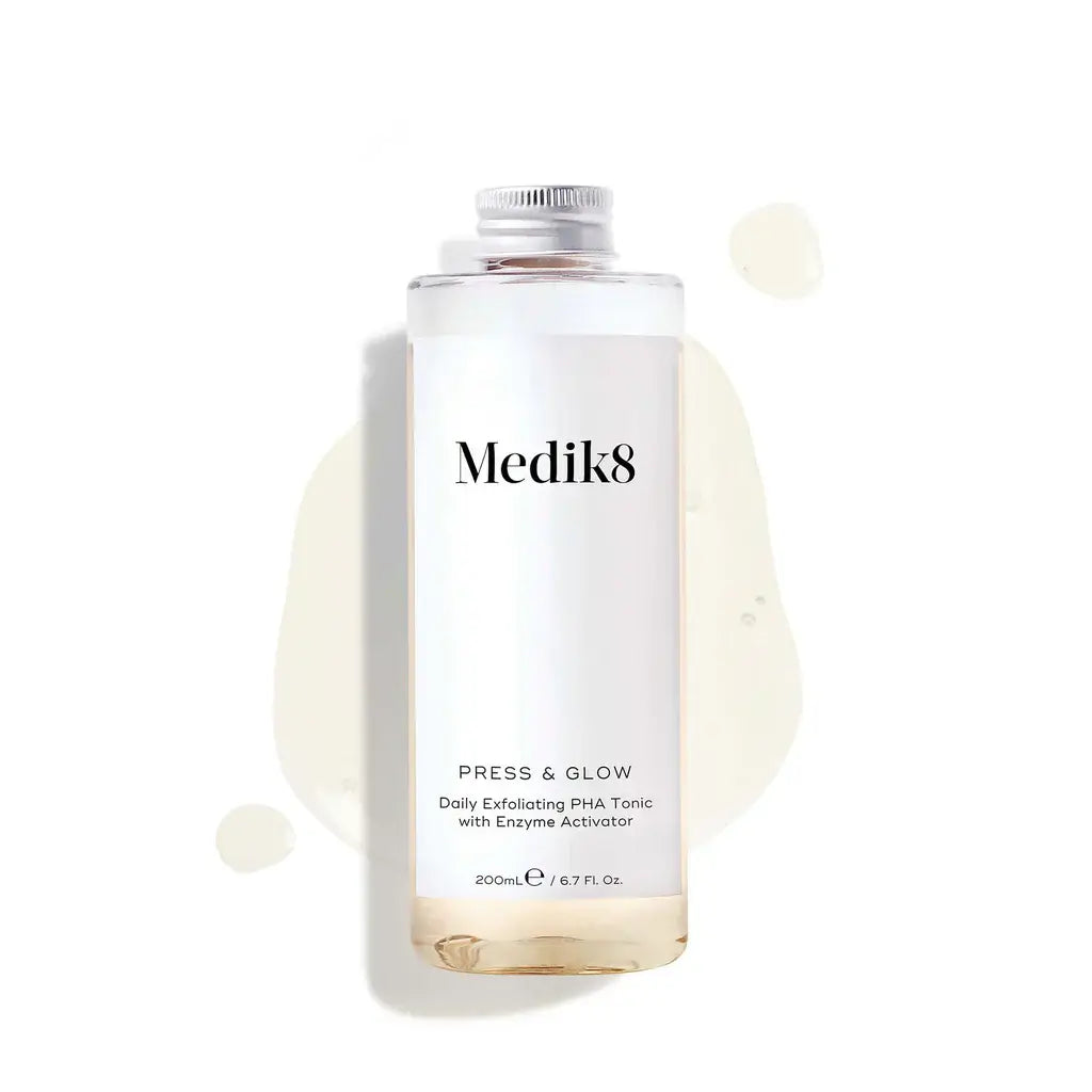 Medik8 Press & Glow 200ml Daily Exfoliating PHA Tonic with Enzyme Activator, gentle for sensitive skin.