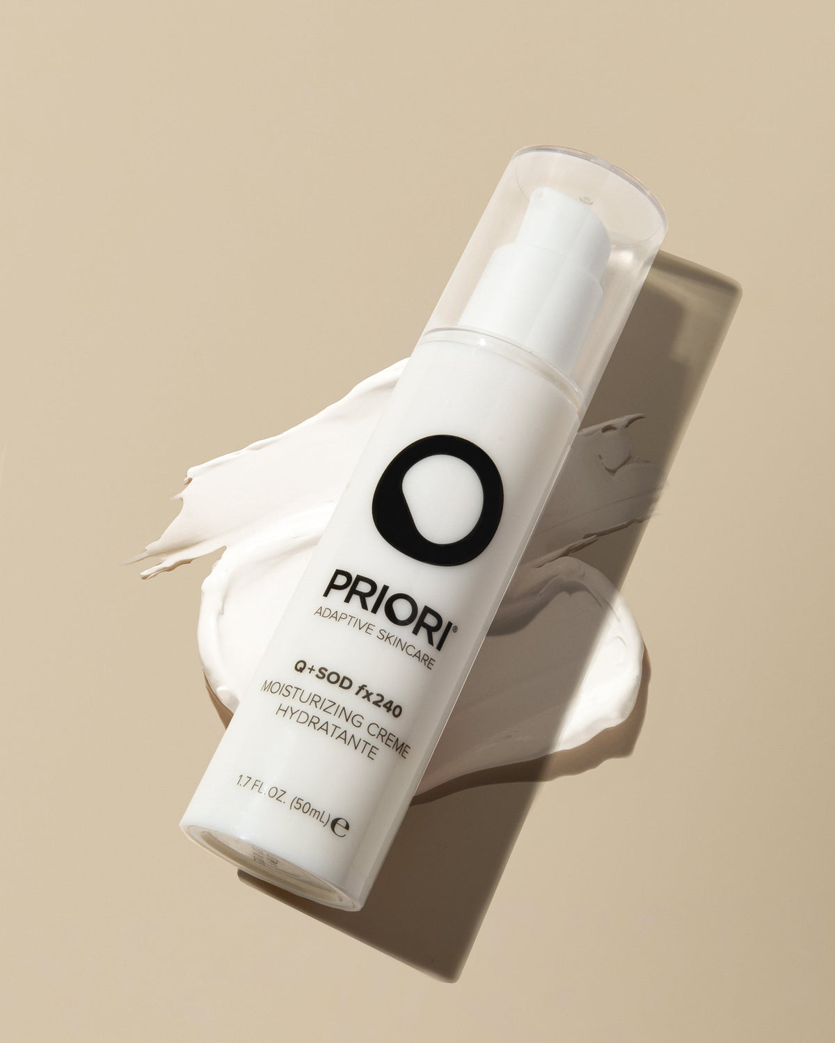 PRIORI Q+SOD Age Renew Moisturizing Cream bottle with cream texture swatch