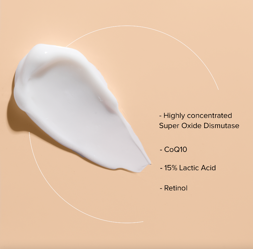 PRIORI Q+SOD Age Renew Moisturizing Cream texture swatch with key ingredients