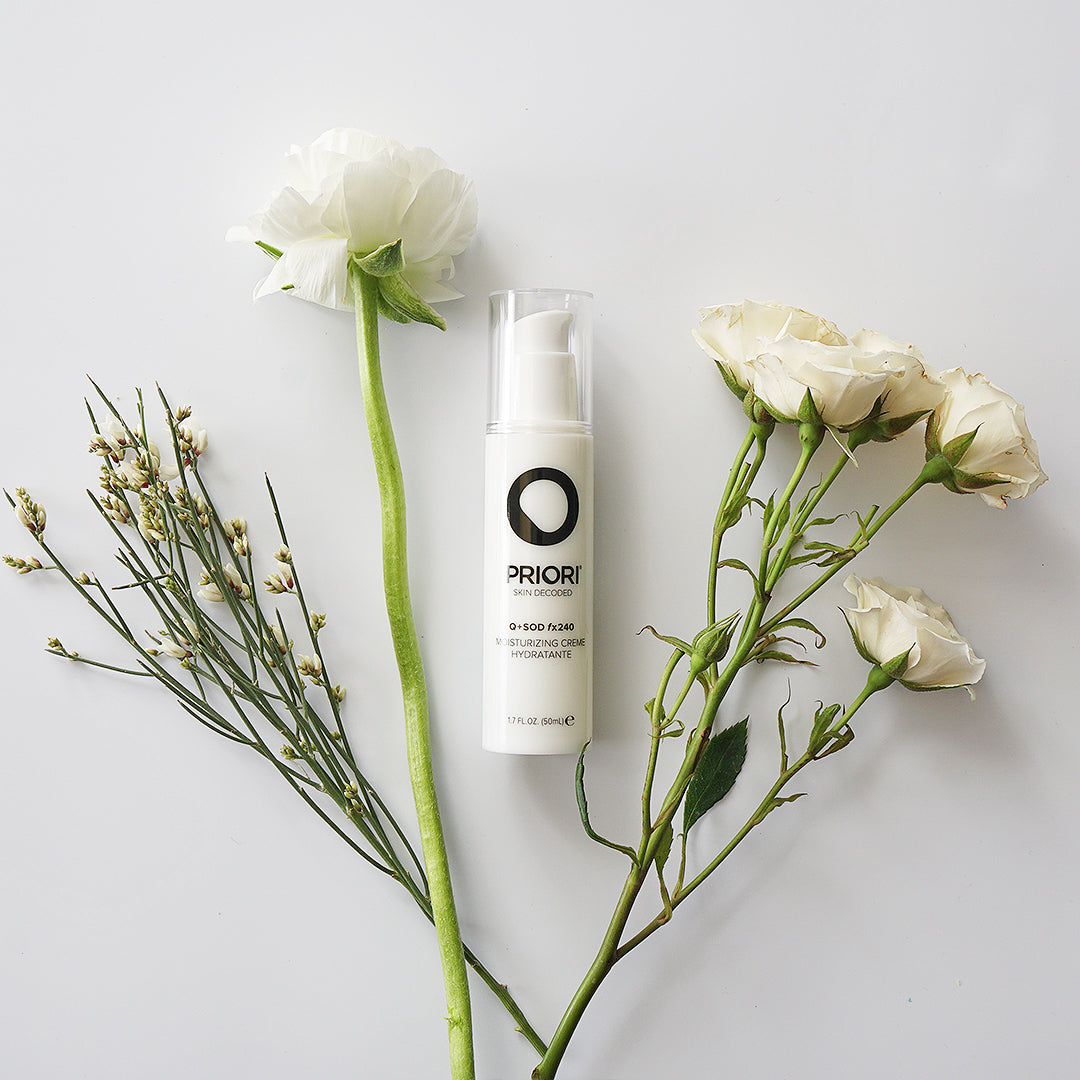 PRIORI Q+SOD Age Renew Moisturizing Cream bottle with white flowers