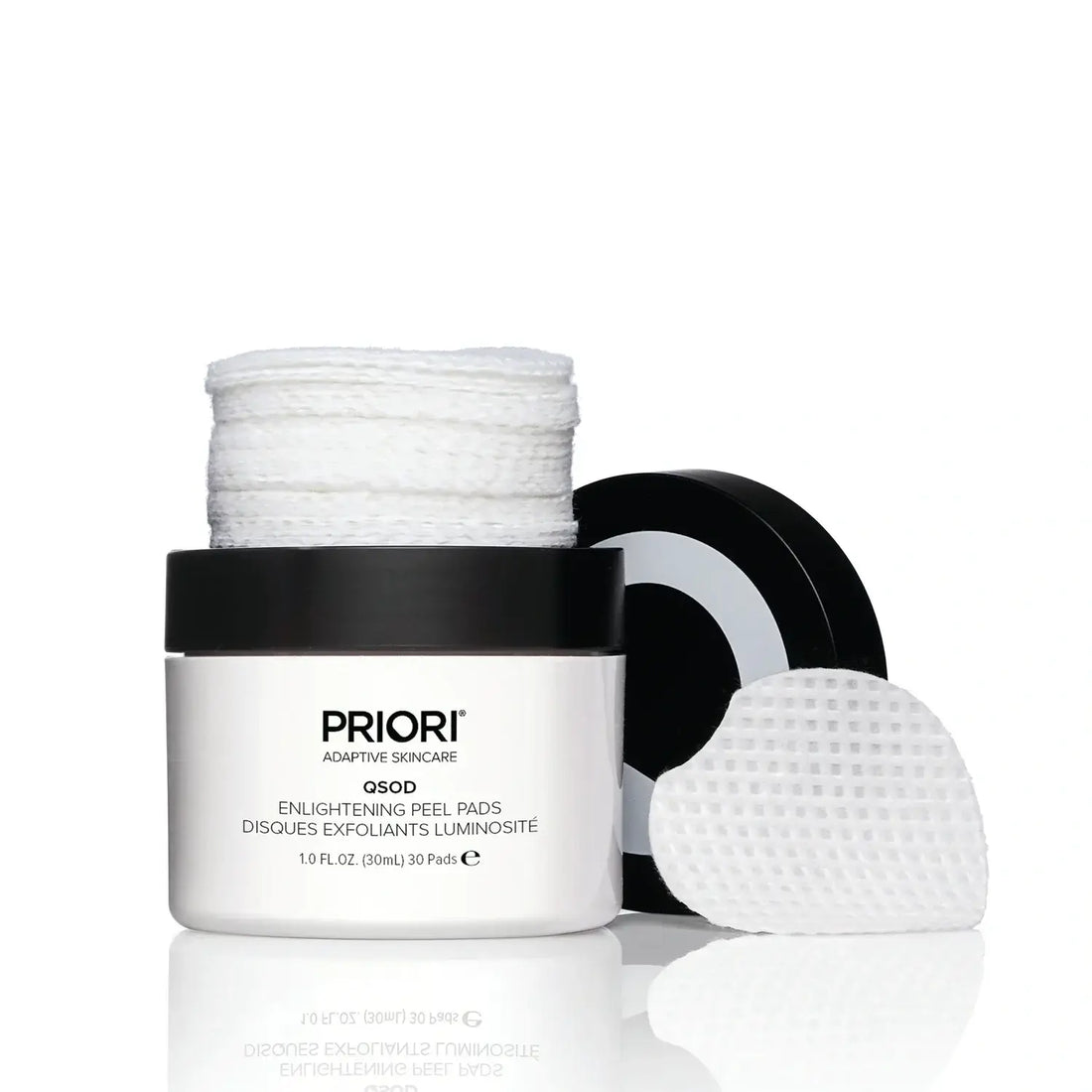 PRIORI Q+SOD Enlightening Peel Pads jar with pads displayed, ideal for exfoliating and brightening skin.