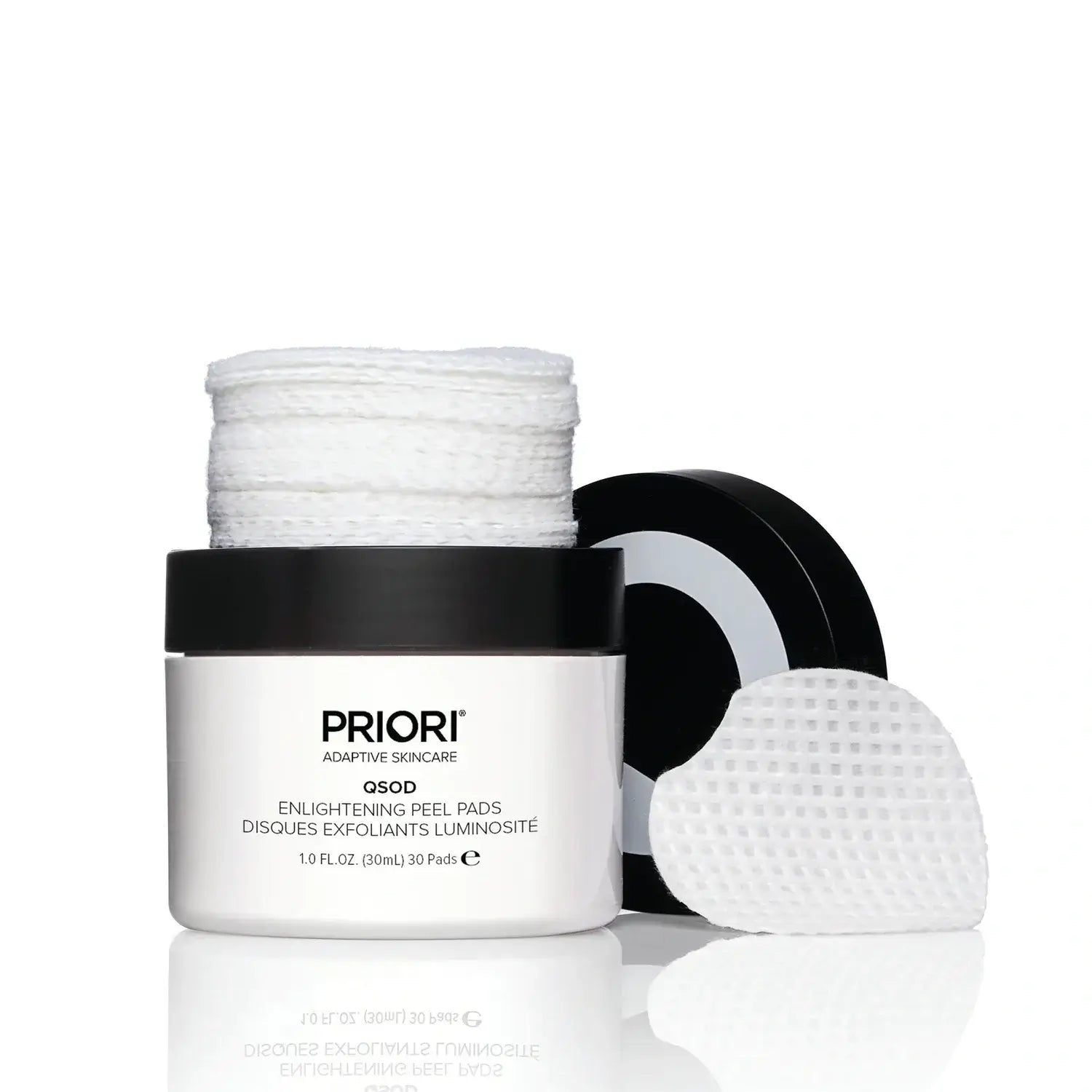 PRIORI Q+SOD Enlightening Peel Pads jar with pads displayed, ideal for exfoliating and brightening skin.