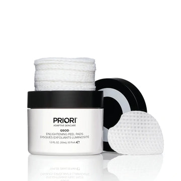 PRIORI Q+SOD Enlightening Peel Pads jar with pads displayed, ideal for exfoliating and brightening skin.