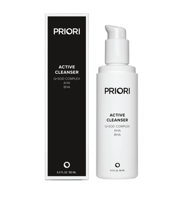 PRIORI Q+SOD Active Cleanser pump bottle and box
