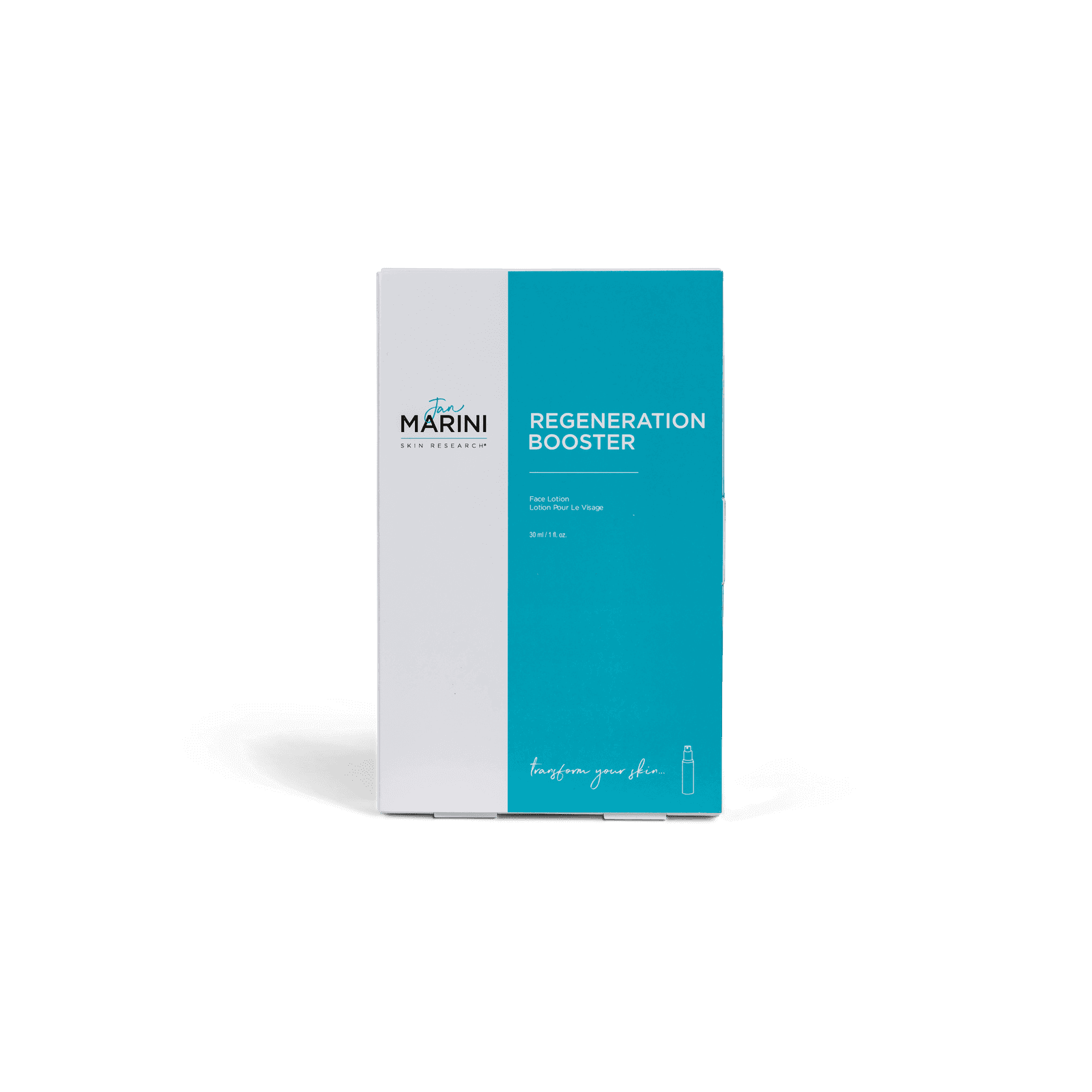 Jan Marini Regeneration Booster packaging, featuring a patented formula for skin hydration and texture enhancement.