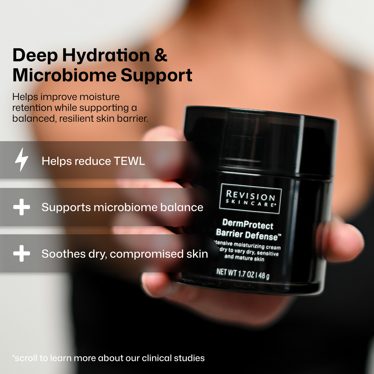 Revision Skincare DermProtect Barrier Defense benefits with icons, moisturiser for dry skin