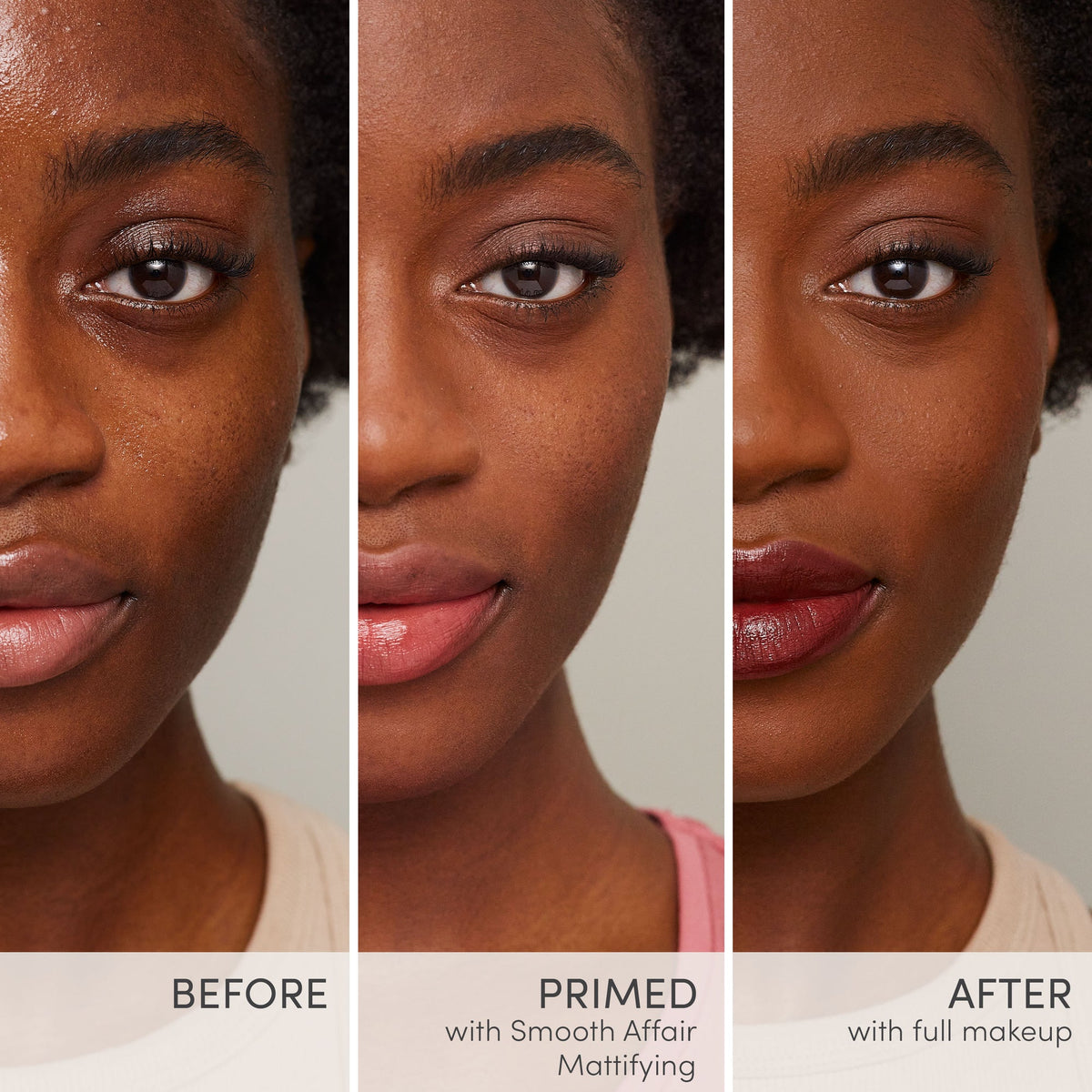 Jane Iredale Smooth Affair Mattifying Face Primer before and after, showing a more matte, smoother-looking complexion