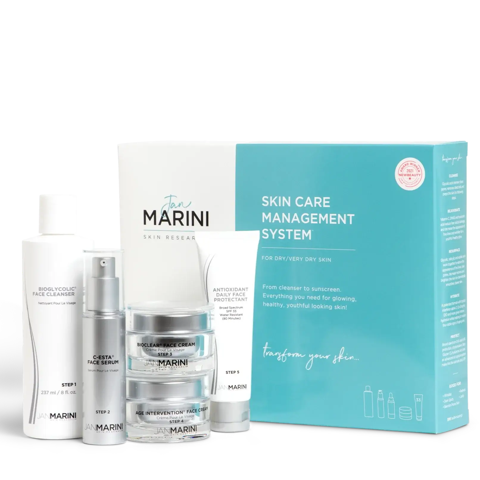 Jan Marini Skin Care Management System™ – Dry/Very Dry with Antioxidant Daily Face Protectant SPF 33 product display.