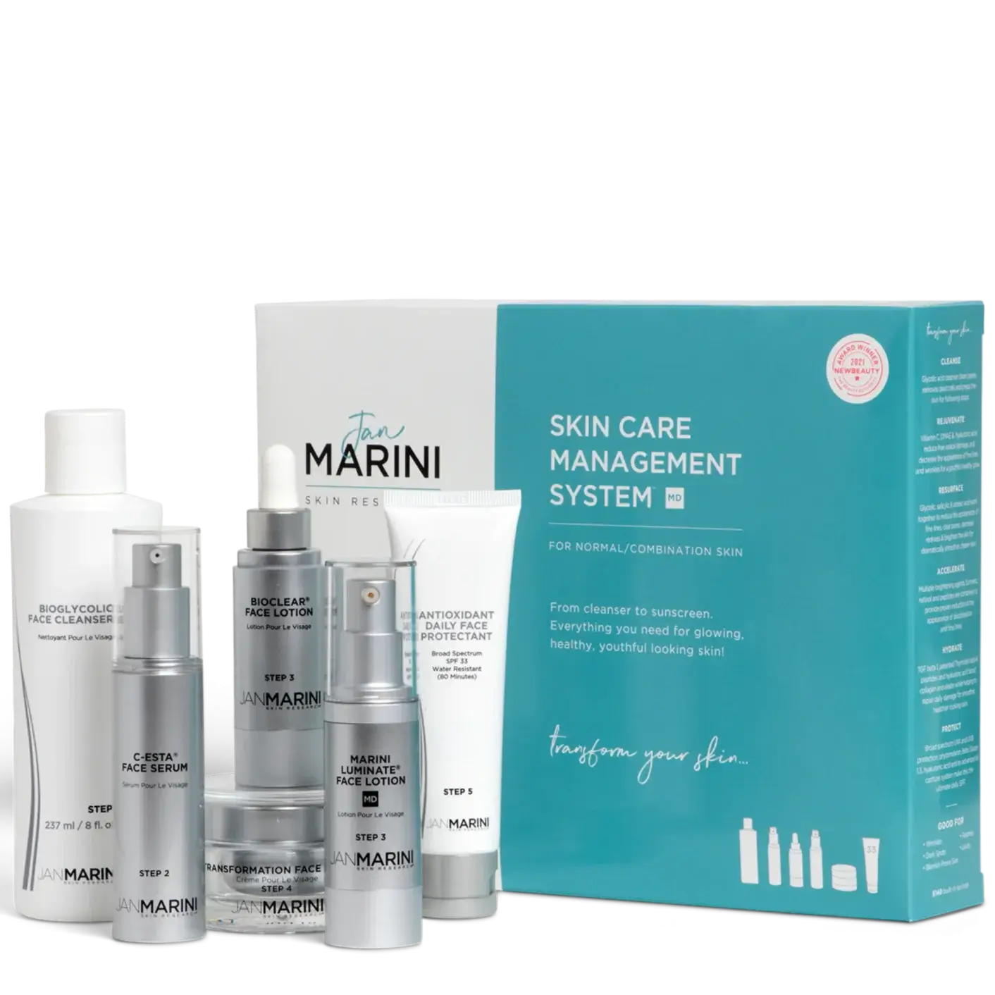 Jan Marini Skin Care Management System - MD Normal/Combo with Daily Face Protectant SPF 33, six-step skincare set.