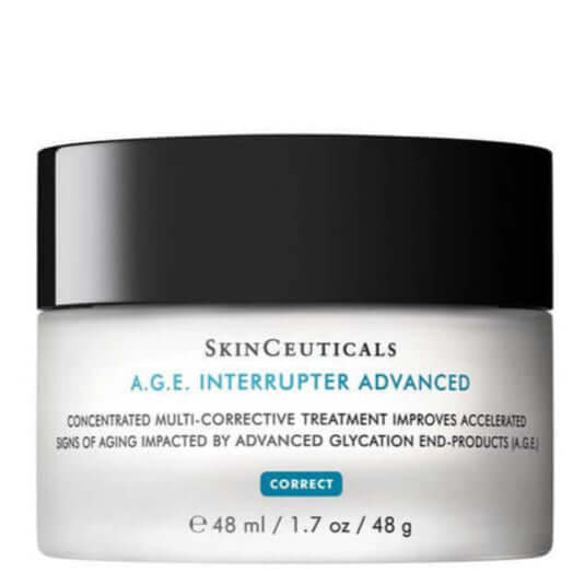 SkinCeuticals A.G.E. Interrupter Advanced Anti-Wrinkle Cream 48ml jar with black lid on white background.