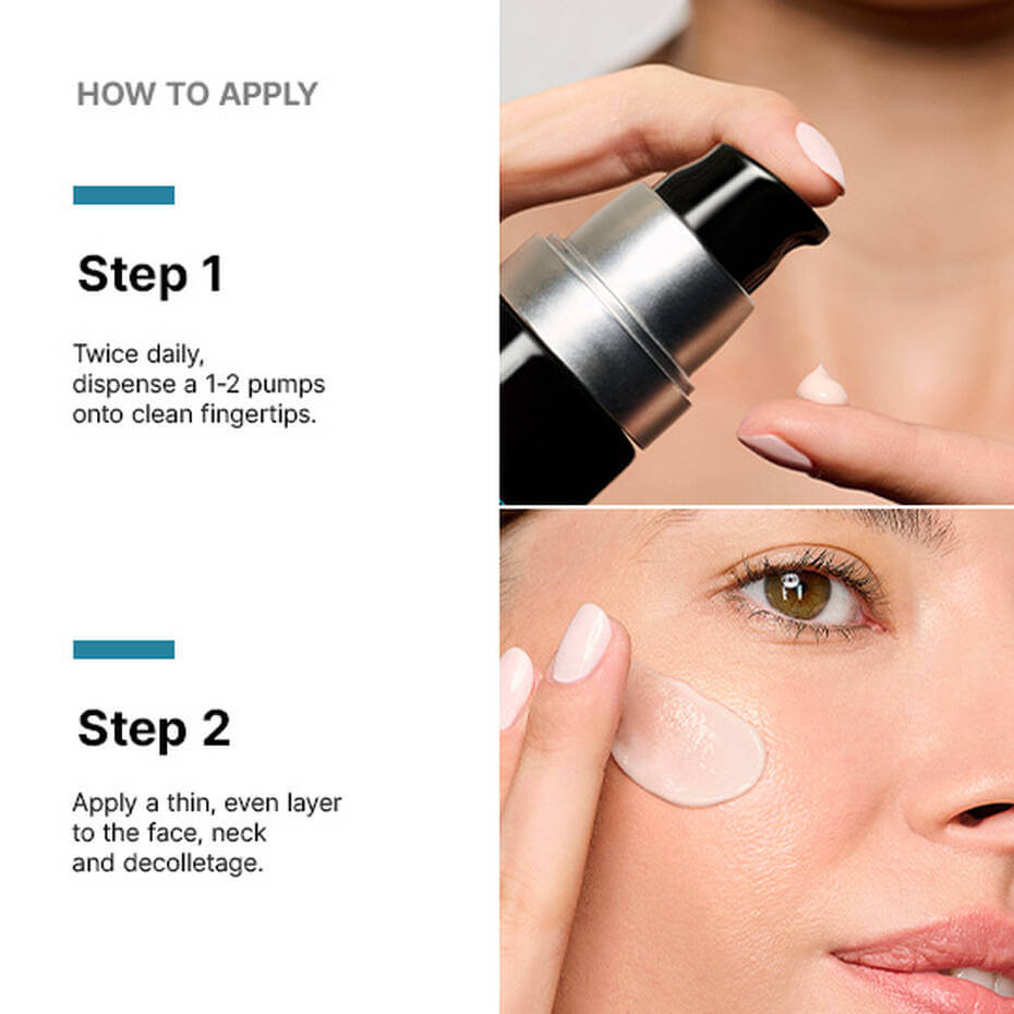 How to apply SkinCeuticals Advanced RGN-6: Step 1 dispensing and Step 2 applying on face.