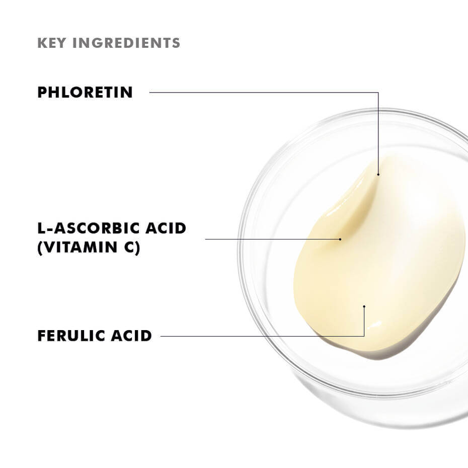 SkinCeuticals AOX+ Eye Gel Antioxidant Treatment 15ml key ingredients: Phloretin, L-Ascorbic Acid, Ferulic Acid.