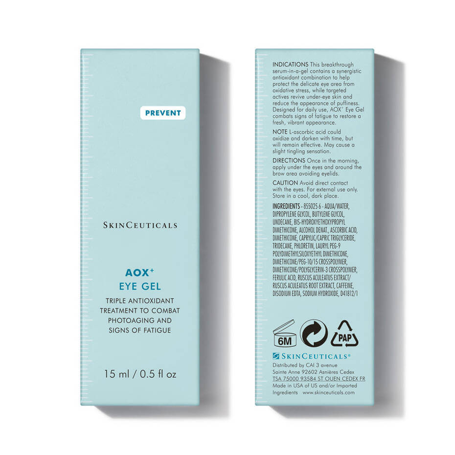 SkinCeuticals AOX+ Eye Gel Antioxidant Treatment 15ml product packaging design with ingredient details and usage instructions.