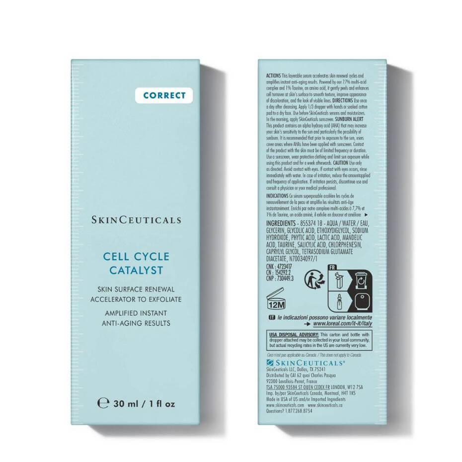 SkinCeuticals Cell Cycle Catalyst packaging featuring ingredients and usage instructions for effective skin renewal.
