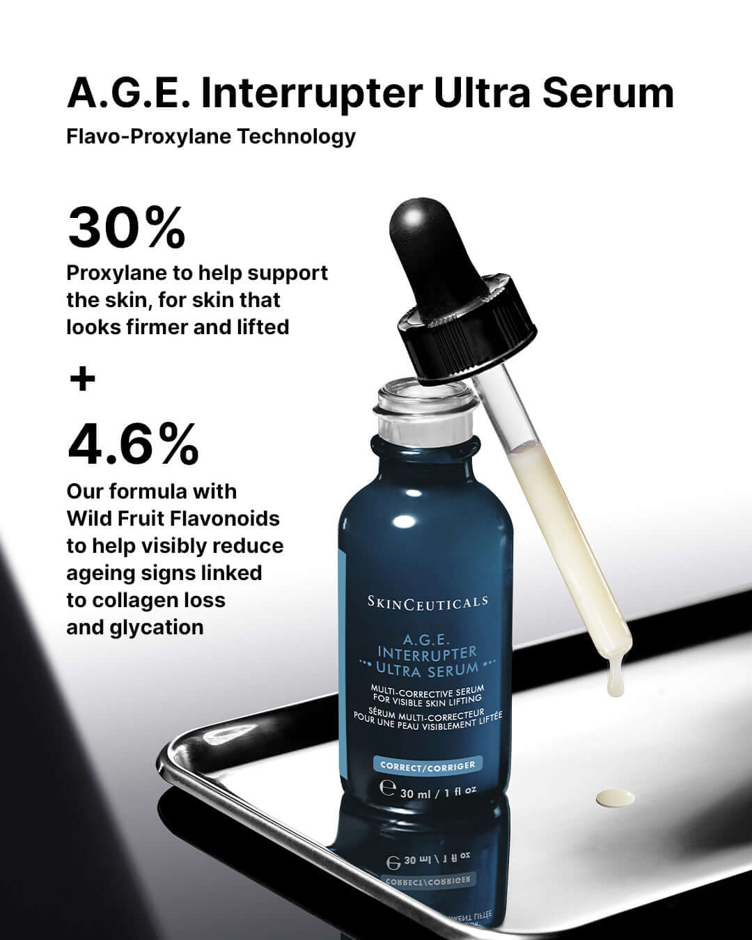 SkinCeuticals A.G.E. Interrupter Ultra Serum bottle with dropper on a reflective surface.