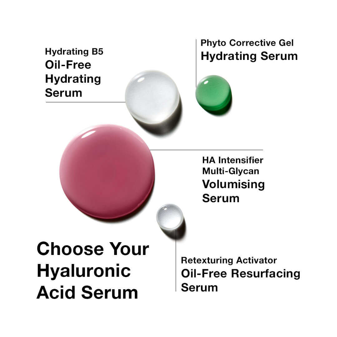 Image showing various serums including SkinCeuticals Hyaluronic Acid Intensifier Multi-Glycan for plump skin.
