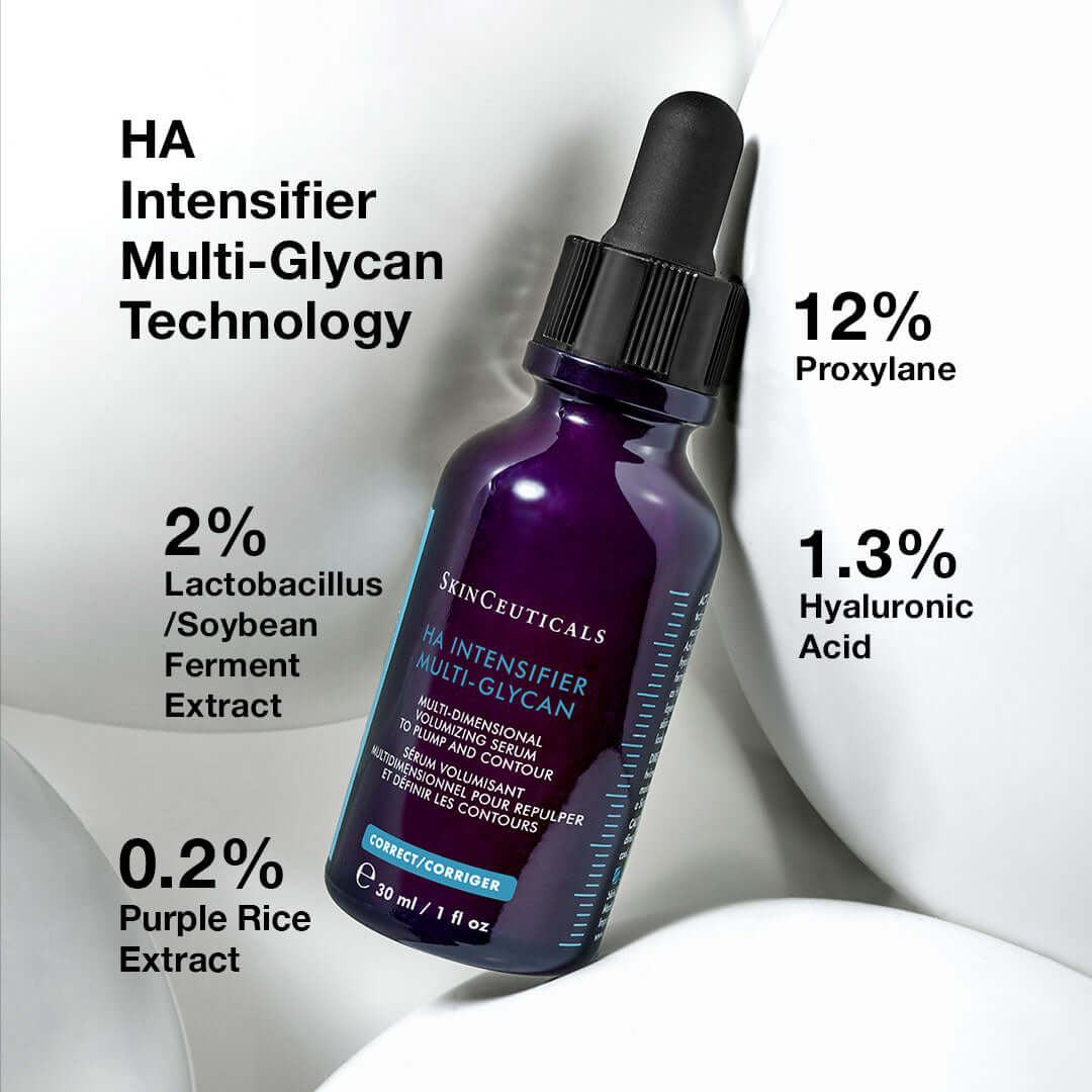 SkinCeuticals Hyaluronic Acid Intensifier Multi-Glycan serum with 1.3% hyaluronic acid and 12% Proxylane for plumper skin.