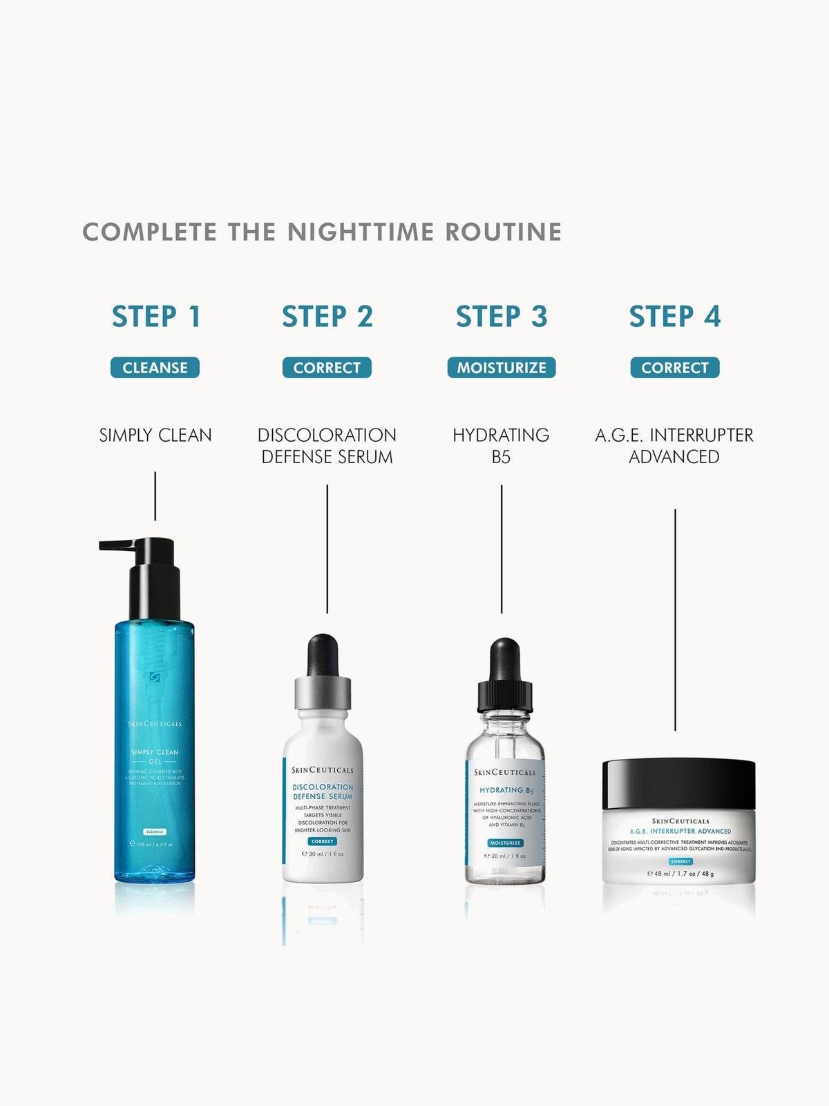 SkinCeuticals Simply Clean night routine with Discoloration Defense, Hydrating B5 and A.G.E. Interrupter Advanced