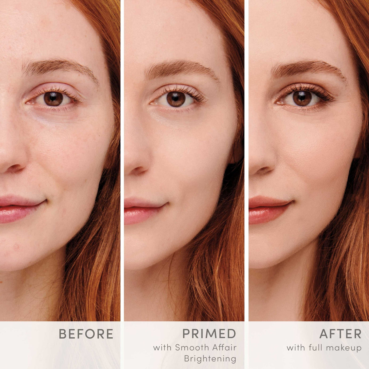 Jane Iredale Smooth Affair Brightening Face Primer before and after, showing a brighter, smoother-looking complexion