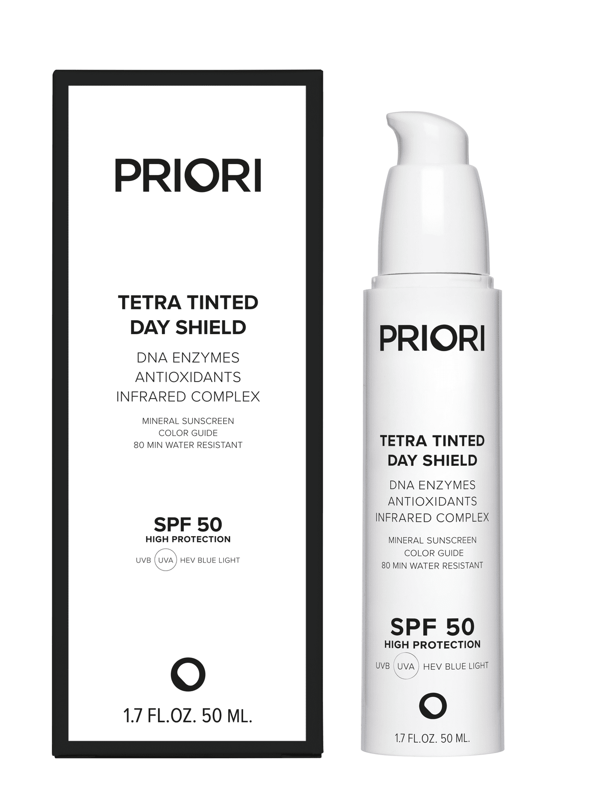 PRIORI Tetra Tinted Day Shield 50ml pump bottle and box, SPF 50