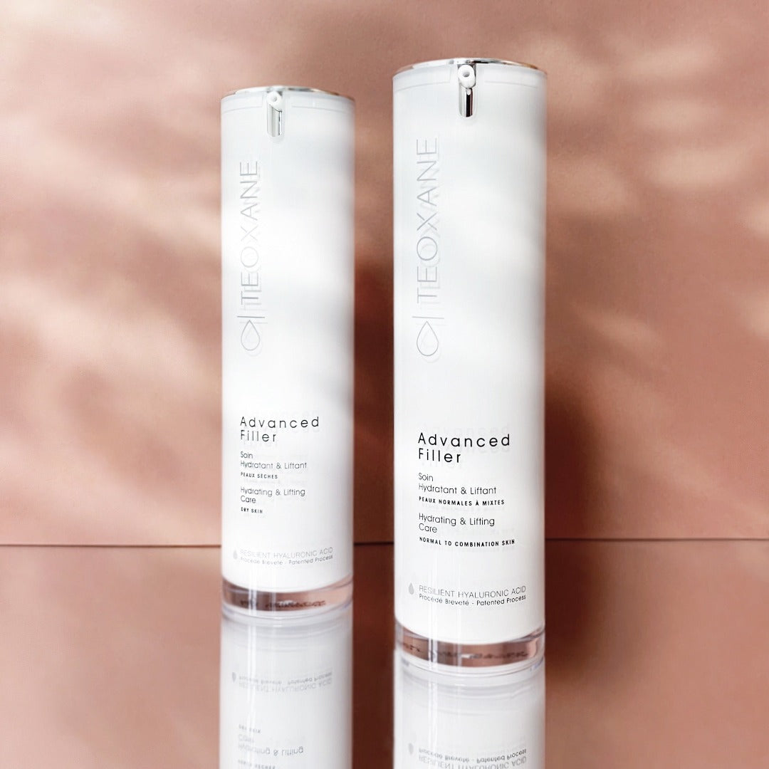 Teoxane Advanced Filler Normal to Combination Skin and Dry Skin moisturiser bottles side by side