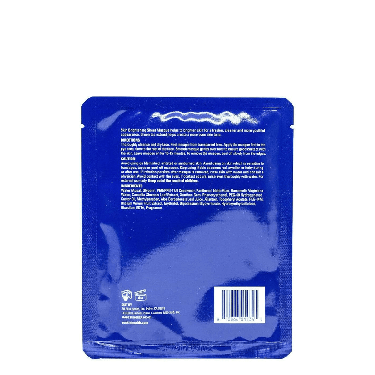 ZO Skin Health Brightening Sheet Masque back packaging with instructions and ingredients for radiant skin.