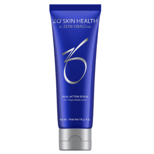 ZO Skin Health Dual Action Scrub tube for oily and blemish-prone skin exfoliation.