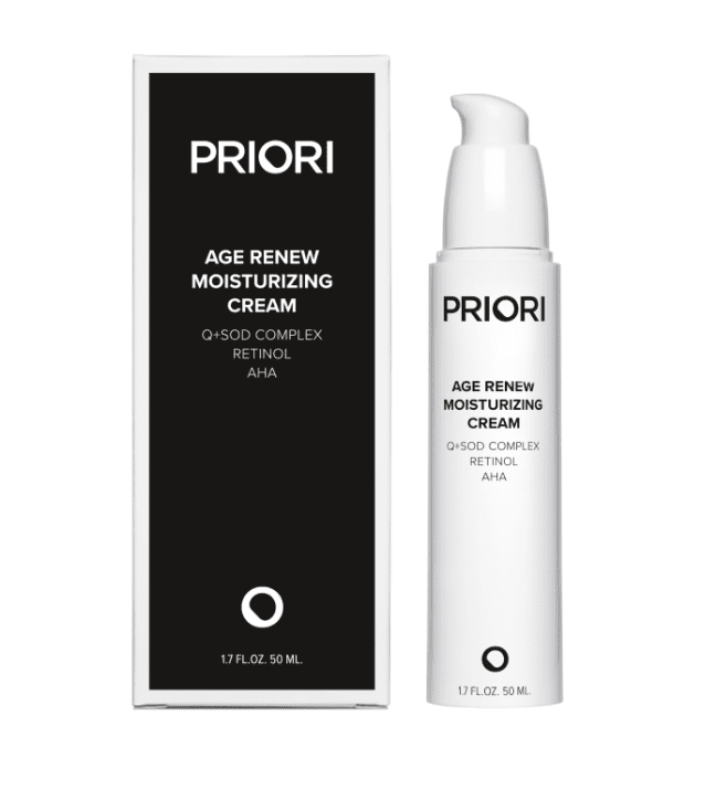 PRIORI Q+SOD Age Renew Moisturizing Cream pump bottle and box