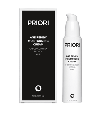 PRIORI Q+SOD Age Renew Moisturizing Cream pump bottle and box