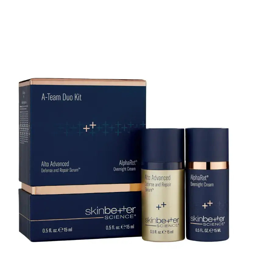 SkinBetter Science A-Team Duo Advanced Kit showcasing the Alto Advanced serum and AlphaRet cream in a boxed set.
