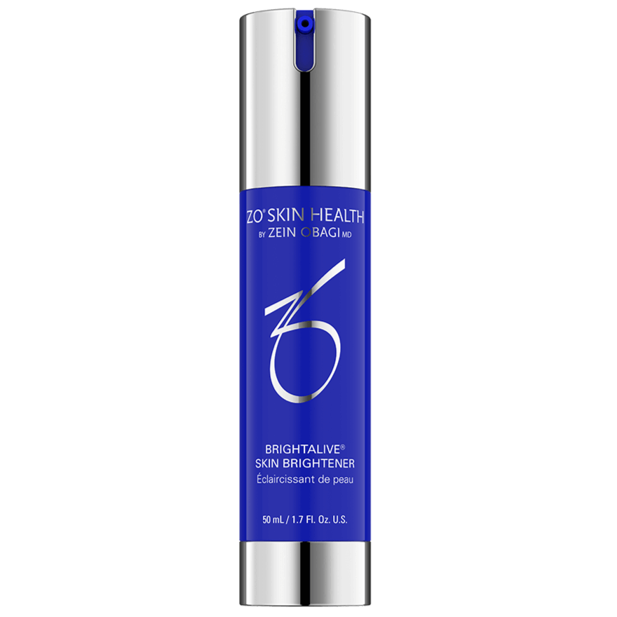 ZO Skin Health Brightalive dark spot corrector in a sleek blue bottle with a silver cap.