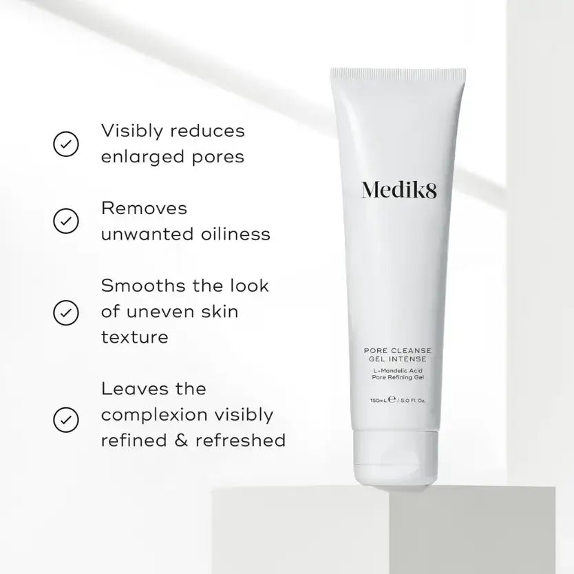 Medik8 Pore Cleanse Gel Intense™ tube with gel and brand logo on white background.