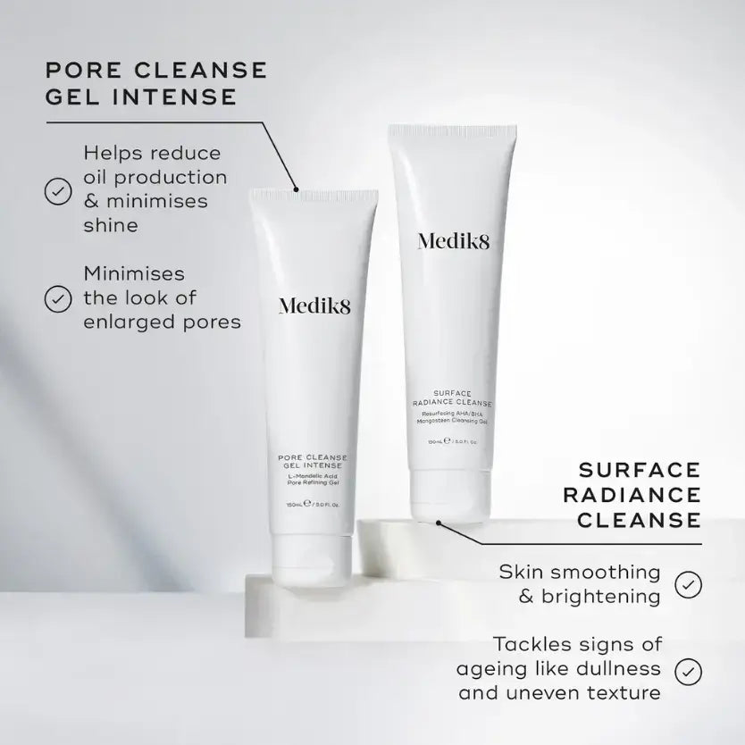 Medik8 Pore Cleanse Gel Intense™ and Surface Radiance Cleanse tubes on display