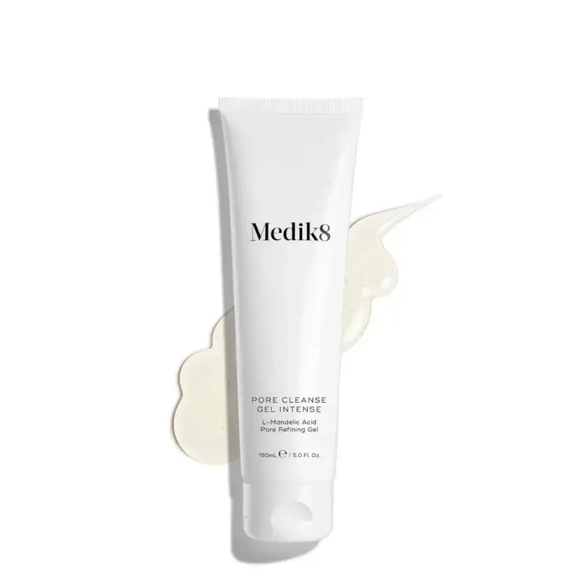 Medik8 Pore Cleanse Gel Intense™ tube with gel and brand logo on white background.