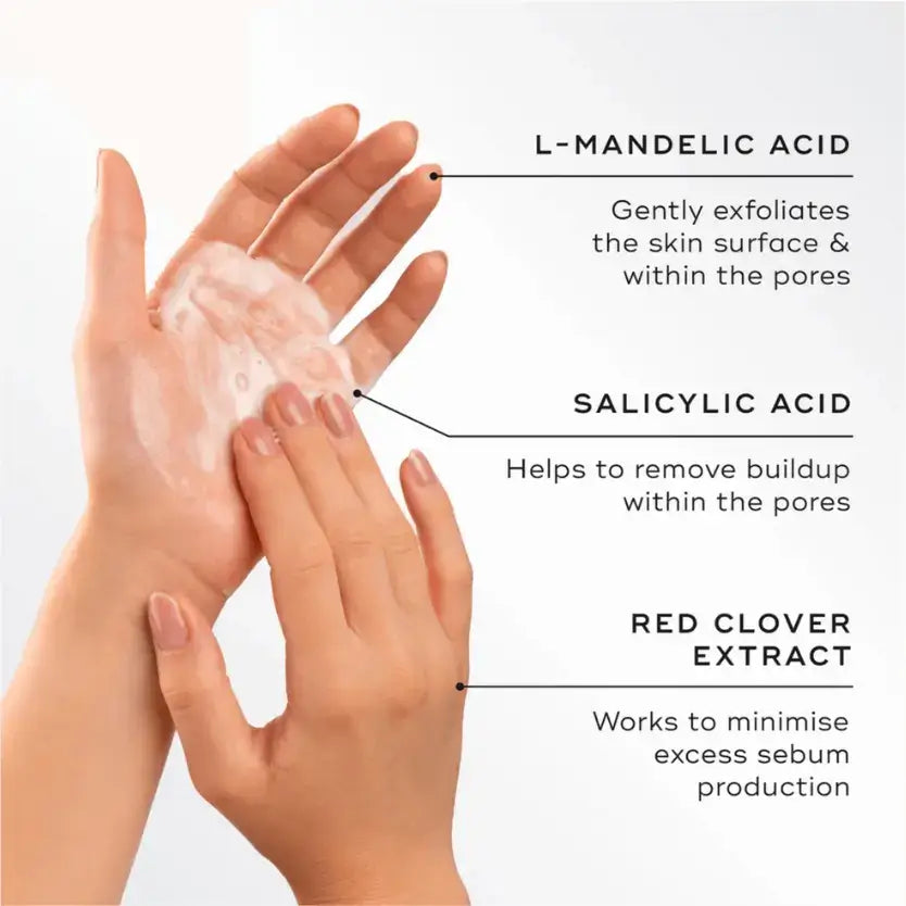 Medik8 Pore Cleanse Gel Intense™ ingredients highlighting L-Mandelic Acid, Salicylic Acid, and Red Clover Extract