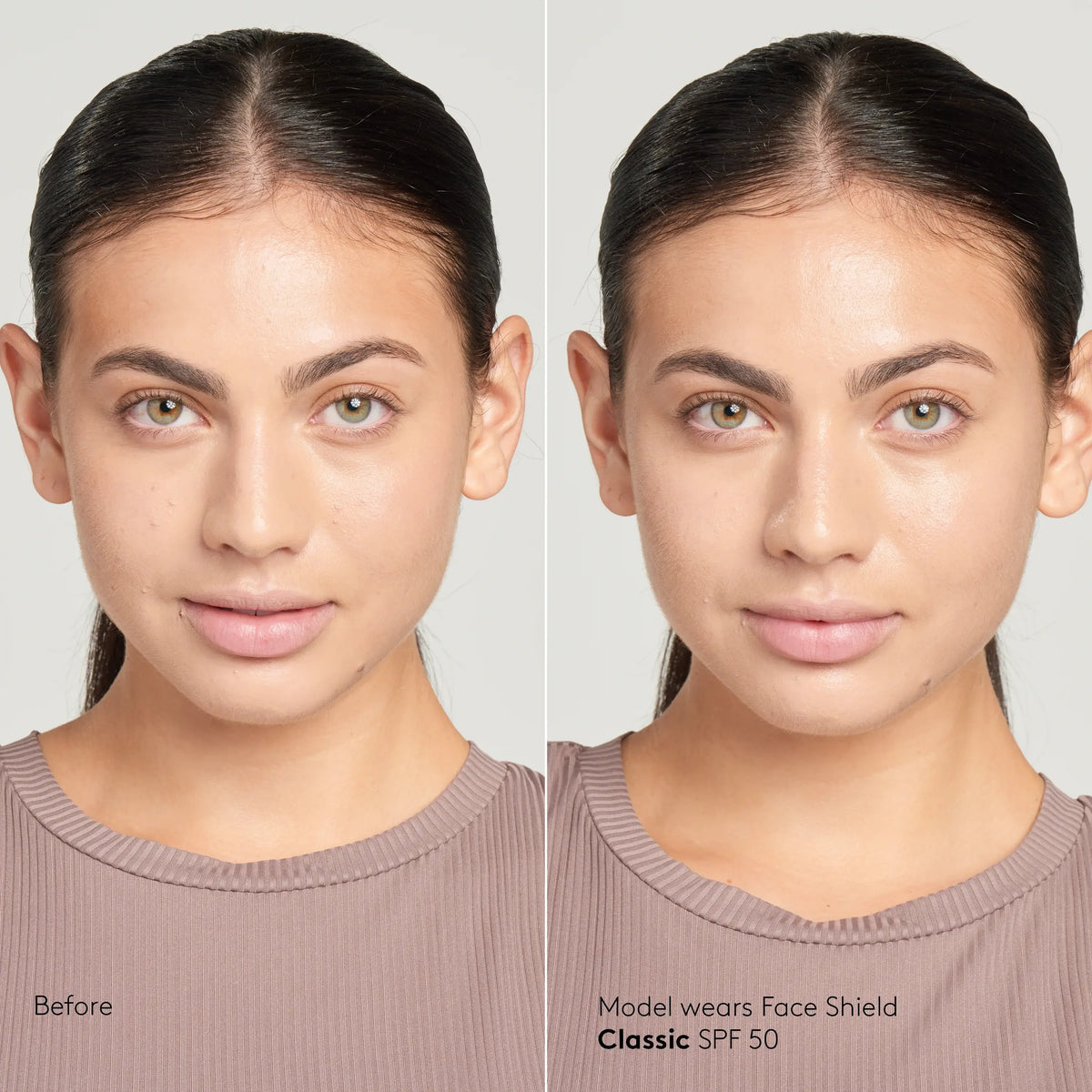 Colorescience Sunforgettable Total Protection Face Shield SPF 50 worn on skin for a natural, dewy finish with no white cast