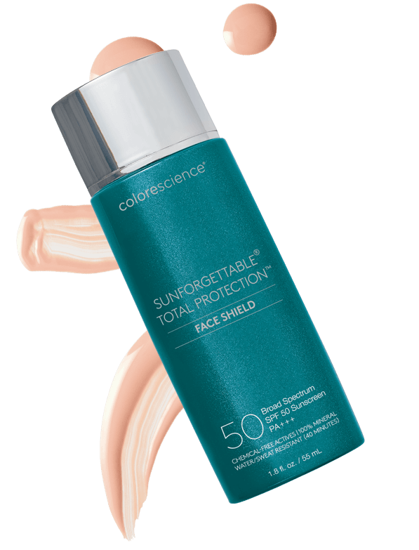 Colorescience Sunforgettable Total Protection Face Shield SPF 50 bottle with Classic, Glow and Bronze swatches