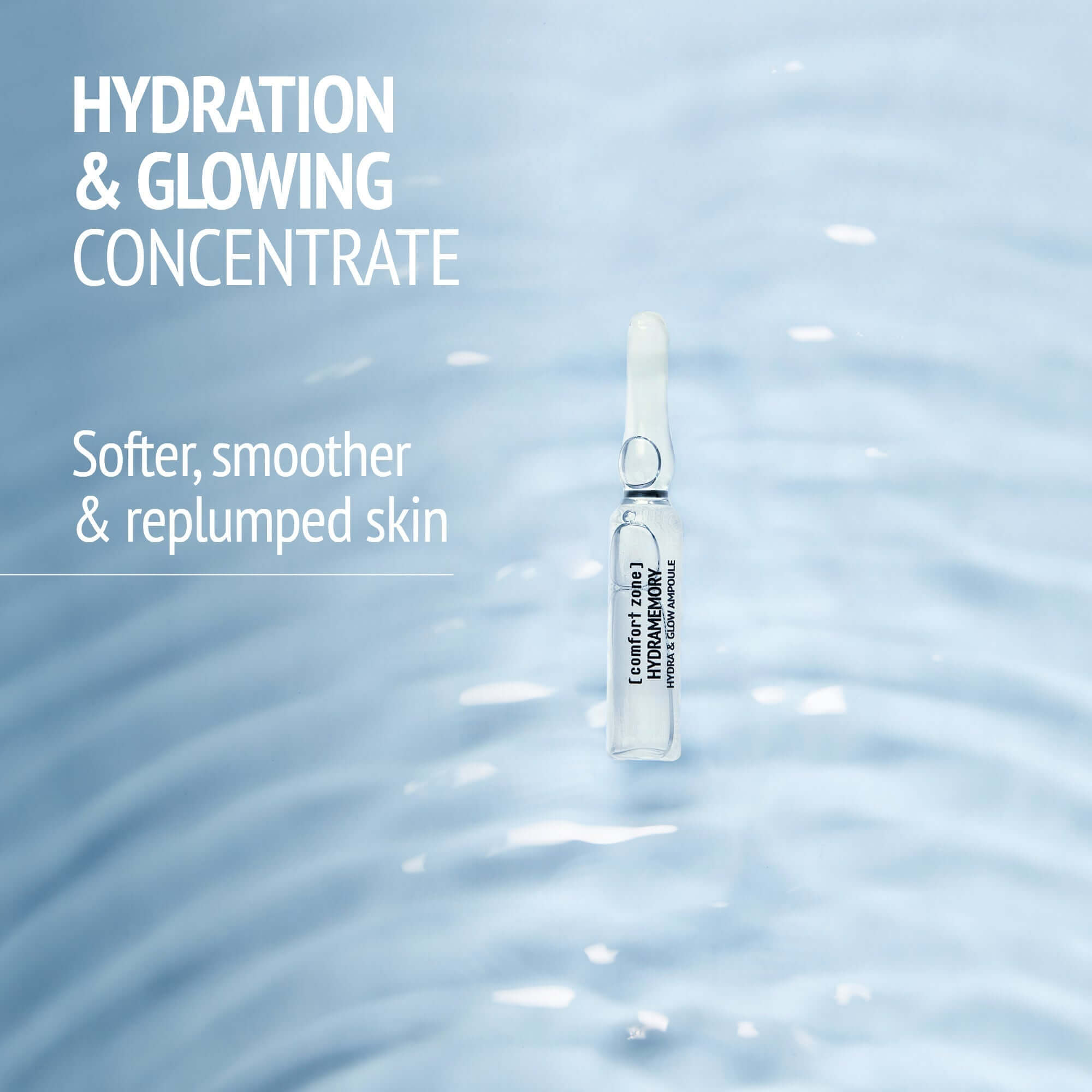 Comfort Zone Hydramemory Hydra & Glow Ampoules in water, promising softer, smoother, and replumped skin