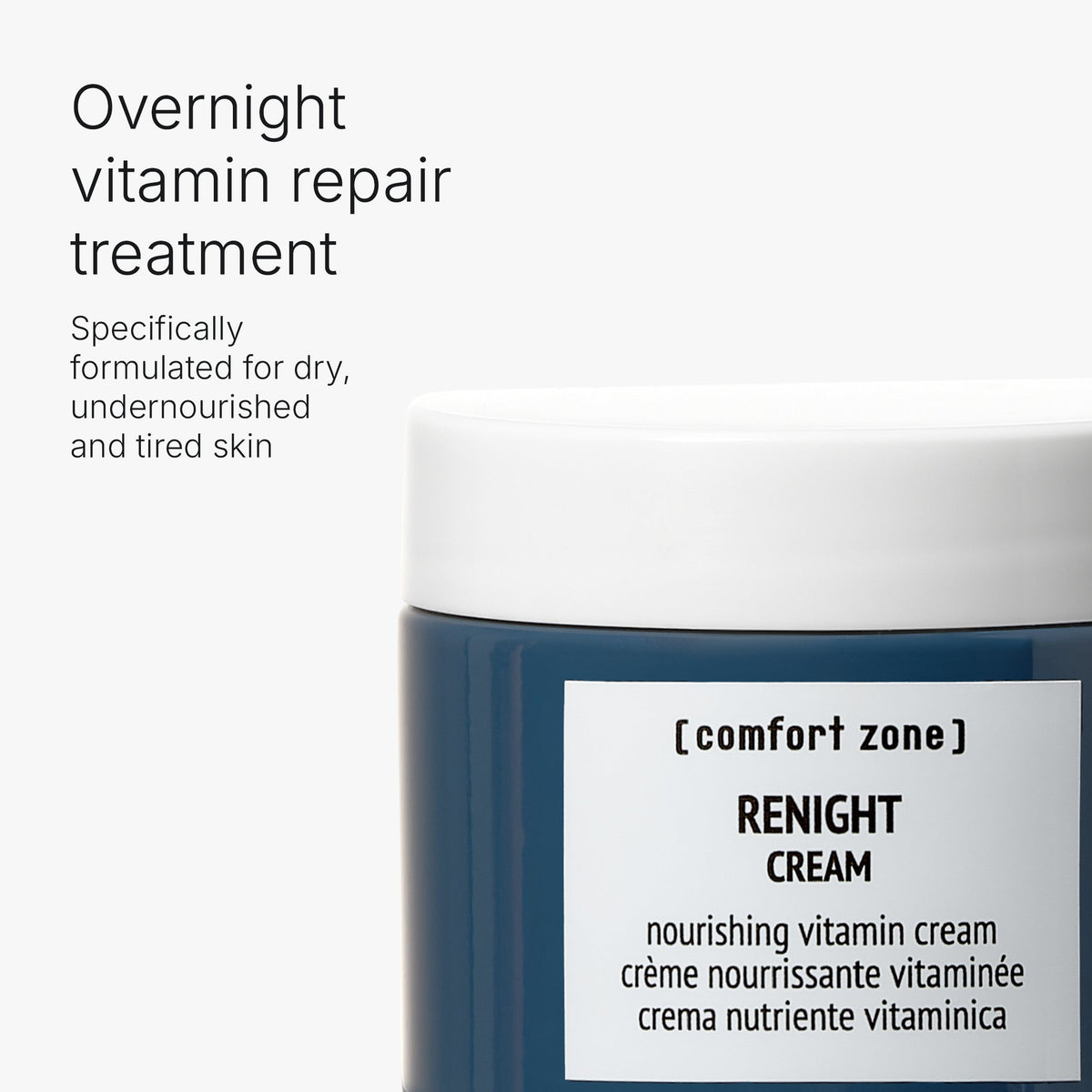 Comfort Zone Renight Cream jar label close-up, overnight vitamin treatment for dry and tired skin